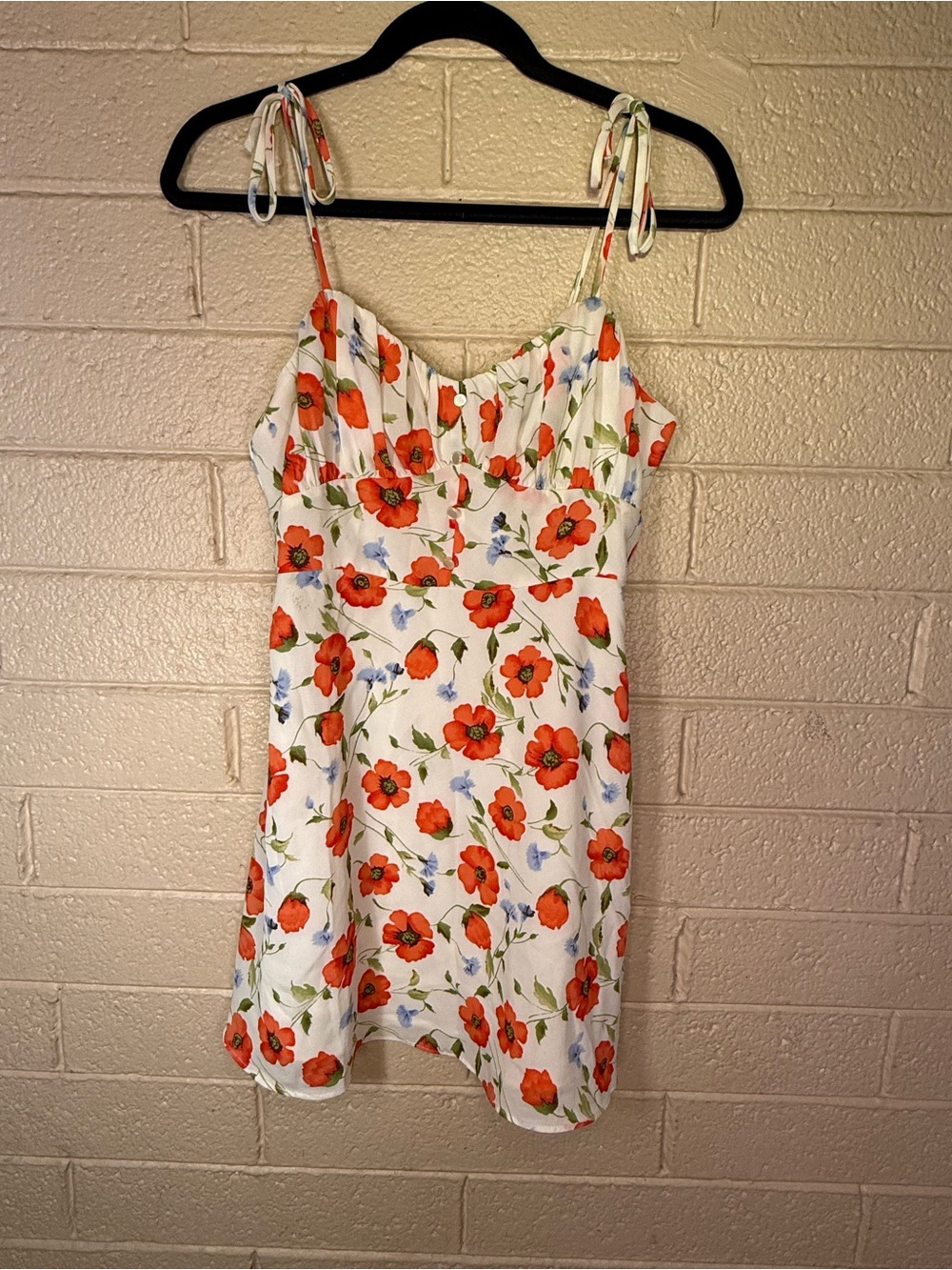 White Floral Tie-Strap Sundress with Red Poppies